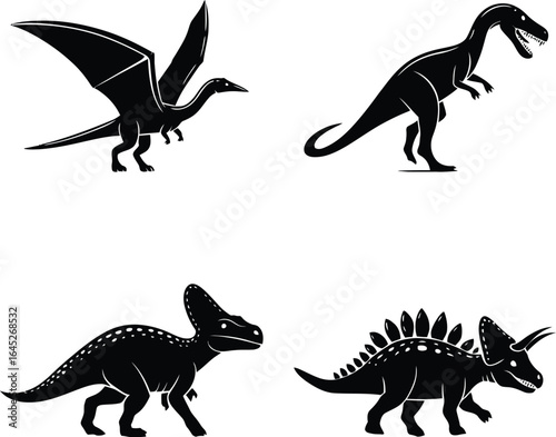 Dinosaur silhouettes vector illustration of pterodactyl t rex triceratops and centrosaurus set design 100