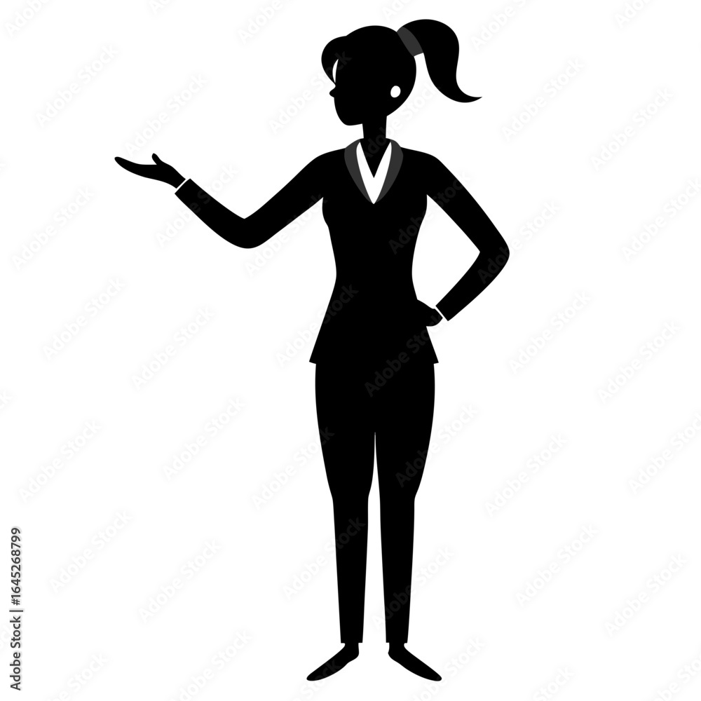 Silhouette of a businesswoman presenting with her hand extended Silhouette of a businesswoman presenting with her hand extended