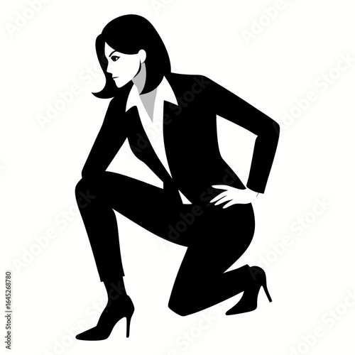 Stylish woman in black suit crouching on one knee
