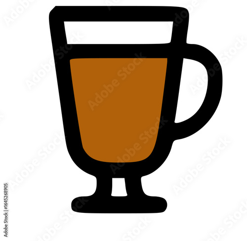 Illustration of a glass filled with a brown beverage, outlined in black, with a handle on the side.