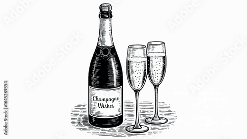 Elegant black and white woodcut illustration of a champagne bottle and two flutes
