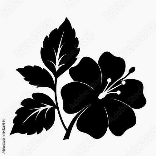 Black silhouette of a hibiscus flower with leaves