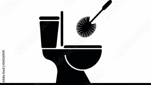 Minimalist black and white icon featuring a toilet and toilet brush