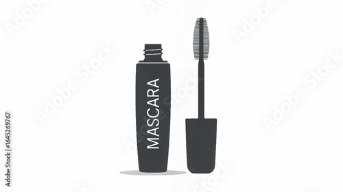 Minimalist black and white illustration of a mascara tube and cosmetic brush