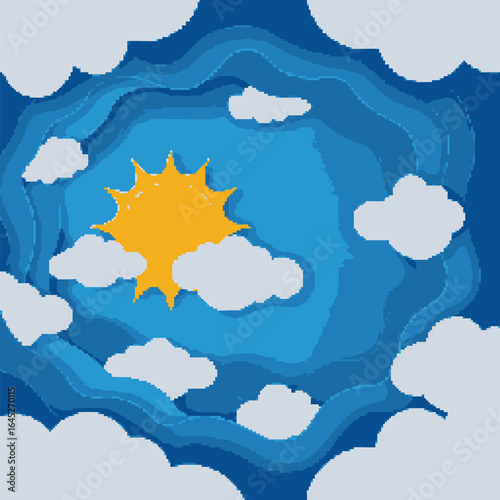 Abstract sunny sky with clouds in a papercraft layered effect. Digital art diorama concept for weather, nature, and backgrounds.