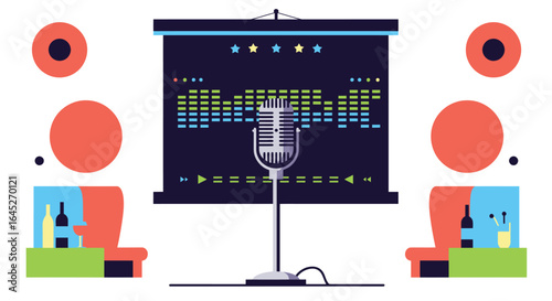 Vibrant karaoke scene with retro microphone and lively audio visualization