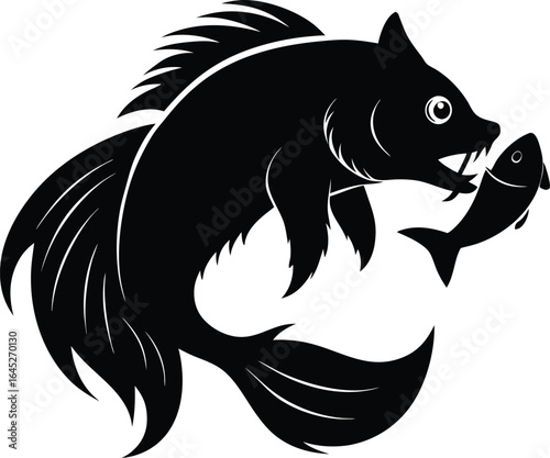 Predator Fish Eating Smaller Fish Black Silhouette Vector Illustration Graphic Art