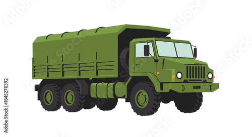 Stylized flat vector illustration of a vibrant military transport truck