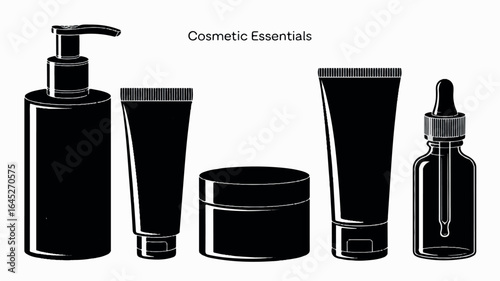 Collection of black silhouette cosmetic and skincare product illustrations on a white background