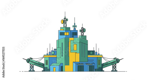 Stylized vector illustration of a futuristic command center on white backdrop