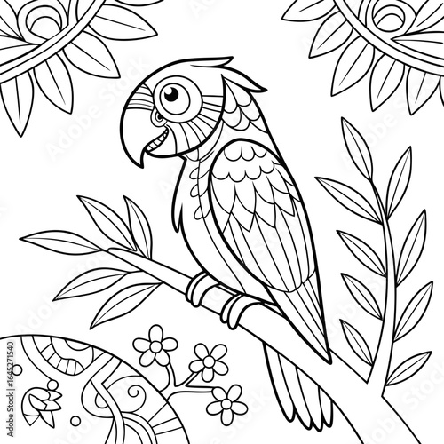 a coloring page of a parrot on a tree branch
