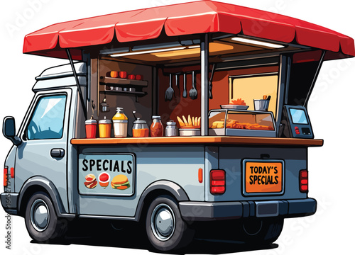 Gray Food Truck with Red Awning Showing Specials Menu and Food Display street food fast food vector EPS file download