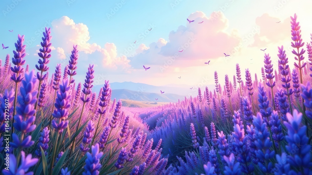 Fototapeta premium Serene Lavender Field at Sunrise with Gentle Birds in Flight