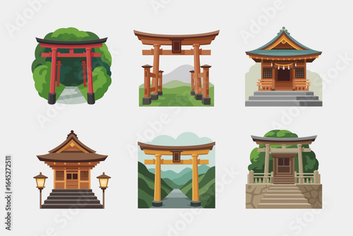 Shinto shrine and torii icons, heritage temple vector, red gate illustration, cultural landmark clipart, travel design elements