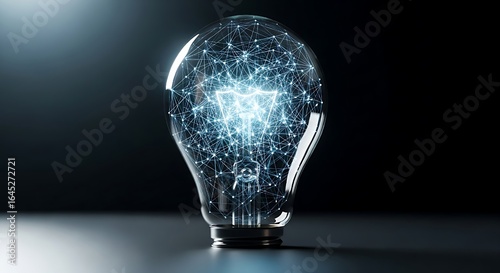 light illuminates a dark reflective surface, symbolizing brilliance and discover, A glowing light bulb filled with digitavibrant, interconnected nodes, representing innovation and interconnected ideas