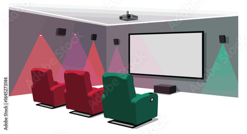 Vibrant home theater with a projection screen and recliners setup