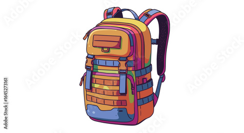 Stylized flat vector illustration of colorful military backpack with straps