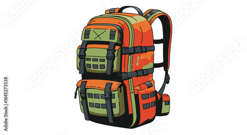 Detailed illustration of a vibrant military backpack with ample storage space