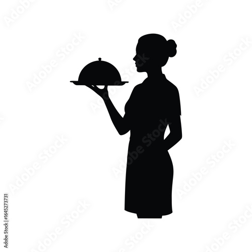 Silhouette waitress serving food under cloche hospitality service restaurant staff catering professional elegant dining