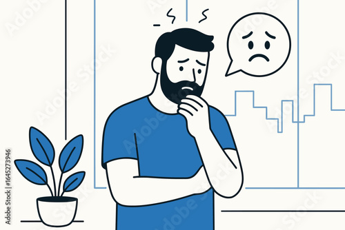 Worried man illustration – linear style emotions, anxiety, stress, thoughtful indoor scenes