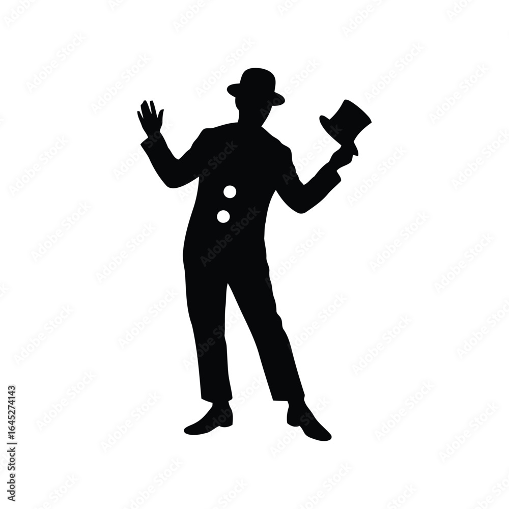 Silhouette of a man in a top hat and suit dancing isolated on white Silhouette of a man in a top hat and suit dancing isolated on white