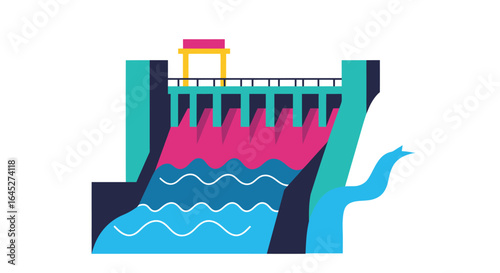 Stylized flat vector illustration of hydroelectric dam building with bright colors
