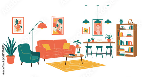 Stylized flat vector illustration of a vibrant guesthouse common area decor