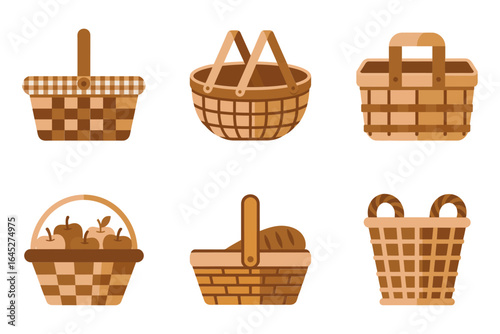 Wicker basket and picnic hamper collection, woven market basket fruit hamper icons, rustic storage vector, craft packaging illustration