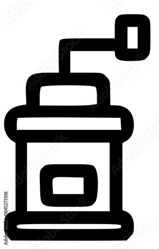 Simple black and white outline illustration of a hand-crank coffee grinder.