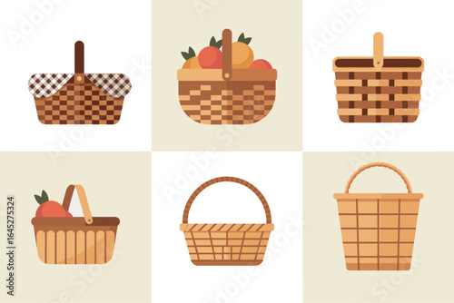 Wicker basket and picnic hamper collection, woven market basket fruit hamper icons, rustic storage vector, craft packaging illustration