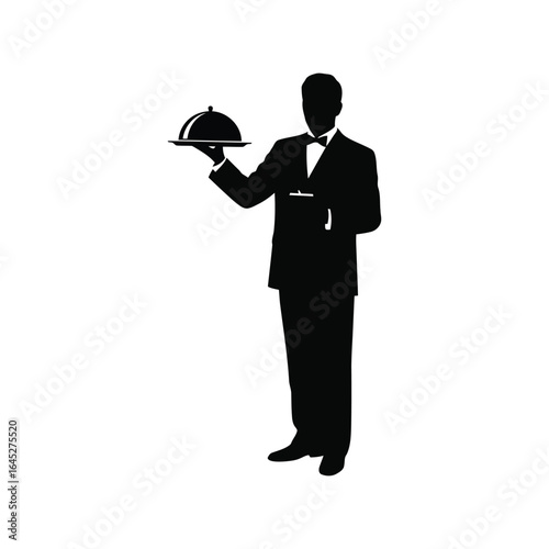 Elegant waiter silhouette serving food formal dining service vector illustration