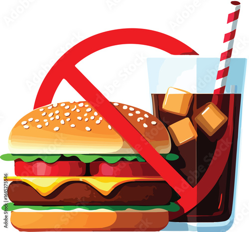 No Junk Food and Sugary Drinks Prohibition Symbol with Burger and Soda unhealthy food no soda vector EPS file download