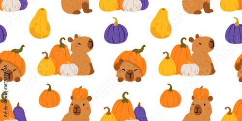 Cute Halloween capybara seamless pattern, spooky cartoon capybaras dressed as mummy, ghost, witch, pumpkin, with gravestone, candles, broom, toilet paper and pumpkins, kawaii animal vector background
