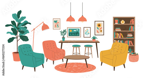 Vibrant guesthouse common area illustration in vector art with cozy interior
