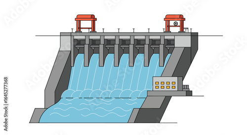 Stylized flat vector illustration of a hydroelectric dam facility design