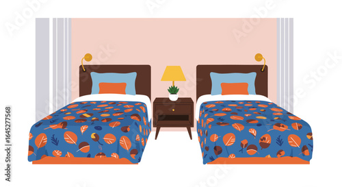 Stylized vector illustration of a hotel bedroom with twin beds and nightstand
