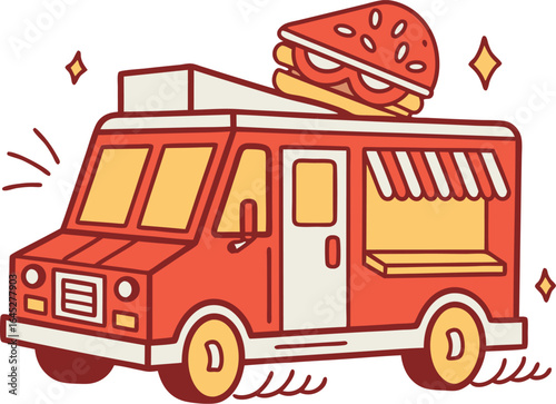 Red and yellow food truck with a hamburger on top and sparkling stars on a white background vehicle transportation vector EPS file download