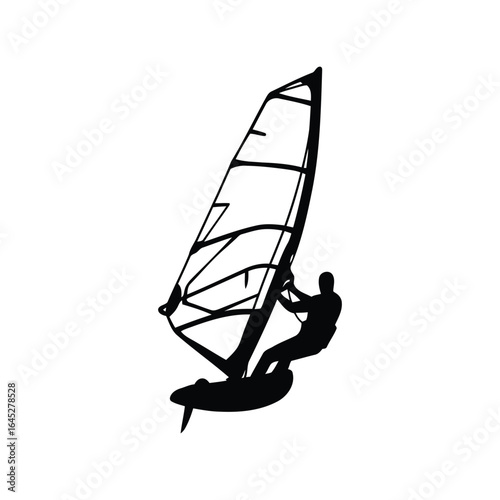 Man Windsurfing on Ocean Waves with Sailboard Black Silhouette