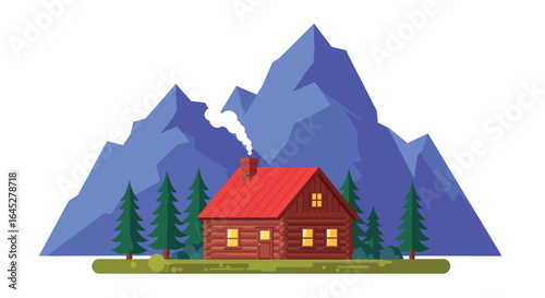 Vibrant log cabin retreat nestled amongst mountainous landscape illustration