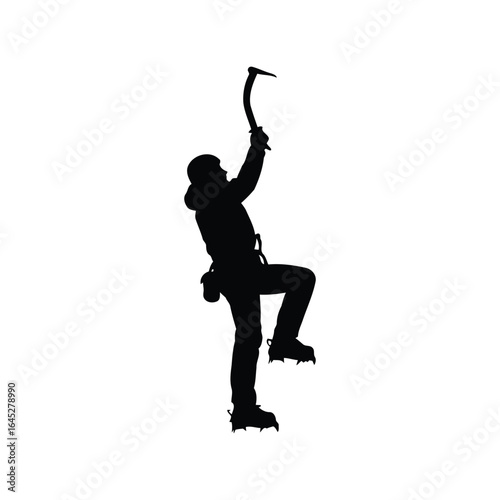 Man Ice Climbing a Mountain Wall with Axe and Crampons Black Silhouette