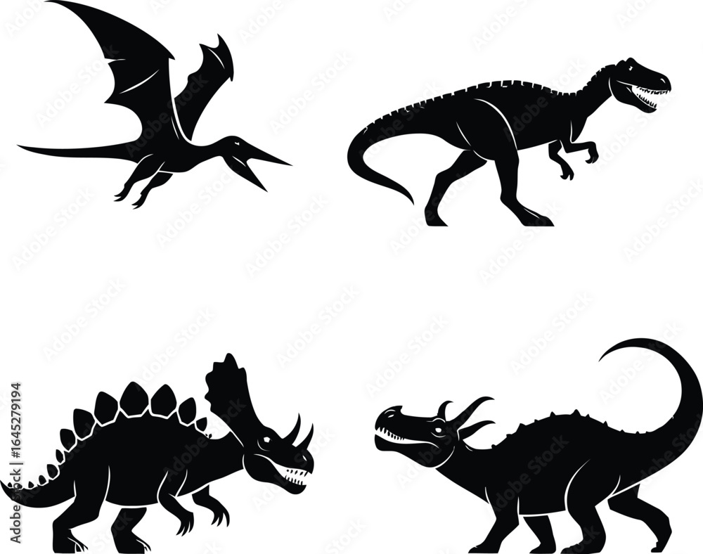 Fototapeta premium Dinosaur silhouette vector set prehistoric animals collection tyrannosaurus triceratops pterodactyl