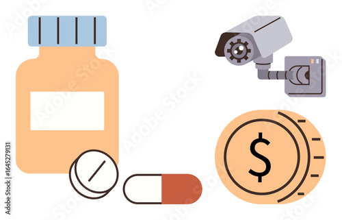 Medicine container with pills, a surveillance camera, and a dollar coin. Ideal for healthcare, cost management, security, monitoring, pharmacy financial safety protection. Simple flat metaphor