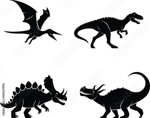 Dinosaur silhouette vector set prehistoric animals collection tyrannosaurus triceratops pterodactyl