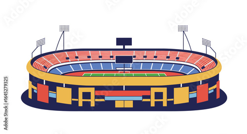 Stylized flat vector illustration of a vibrant large sports stadium on white