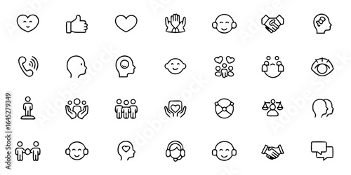 Workplace Communication & Emotional Intelligence Line Art Vector Icons – Team Engagement, Empathy, Conflict Resolution, and Leadership Symbols

