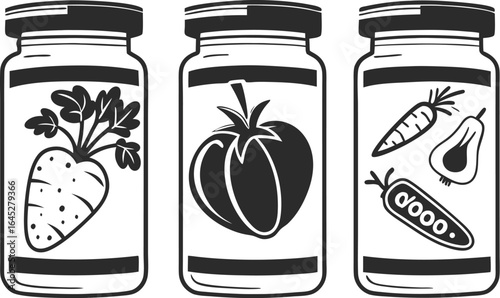 Three Black And White Outline Jars Containing Various Vegetables And Fruits food preservation EPS file download