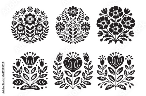 Six black folk art floral motifs silhouette