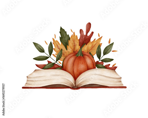 Εκτύπωση καμβά Watercolor illustration of an open book decorated with a pumpkin, autumn leaves, and green foliage