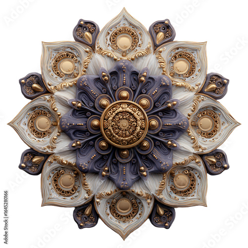 Intricate mandala ornament with gold and purple details isolated on transparent background