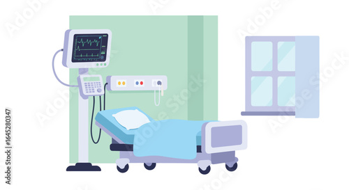 Stylized vector illustration of a hospital patient room with medical equipment